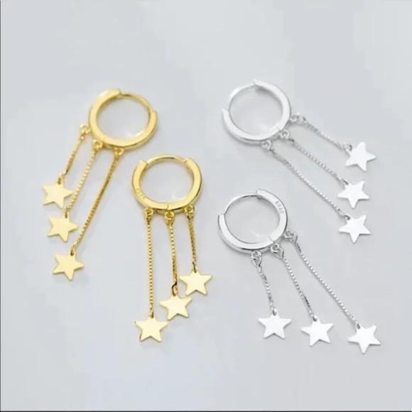 925 STERLING SILVER STAR TASSEL HOOP EARRINGS, NICE EARRINGS, CUTE EARRINGS - Picture 4 of 5
